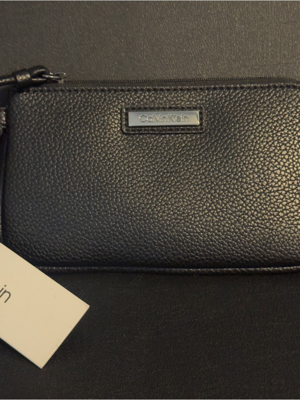 Calvin Klein Black Pebbled Leather Clutch Wristlet with Metal Logo